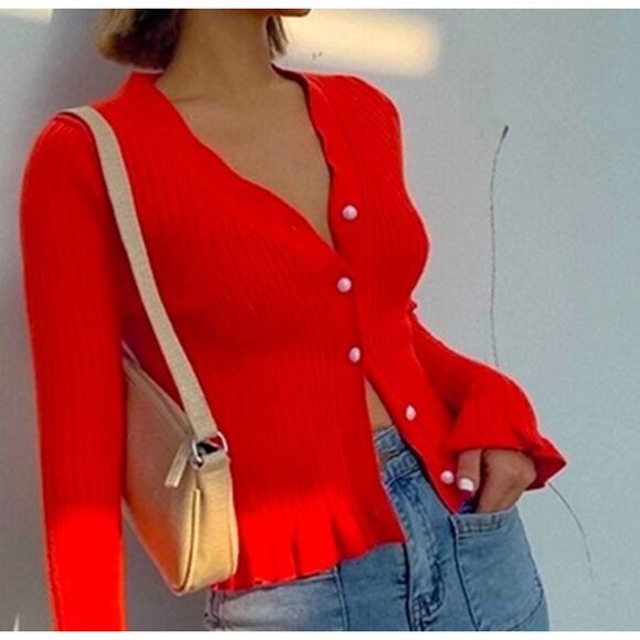 Commense Red Ribbed Button-Up Cardigan - Picture 10 of 10